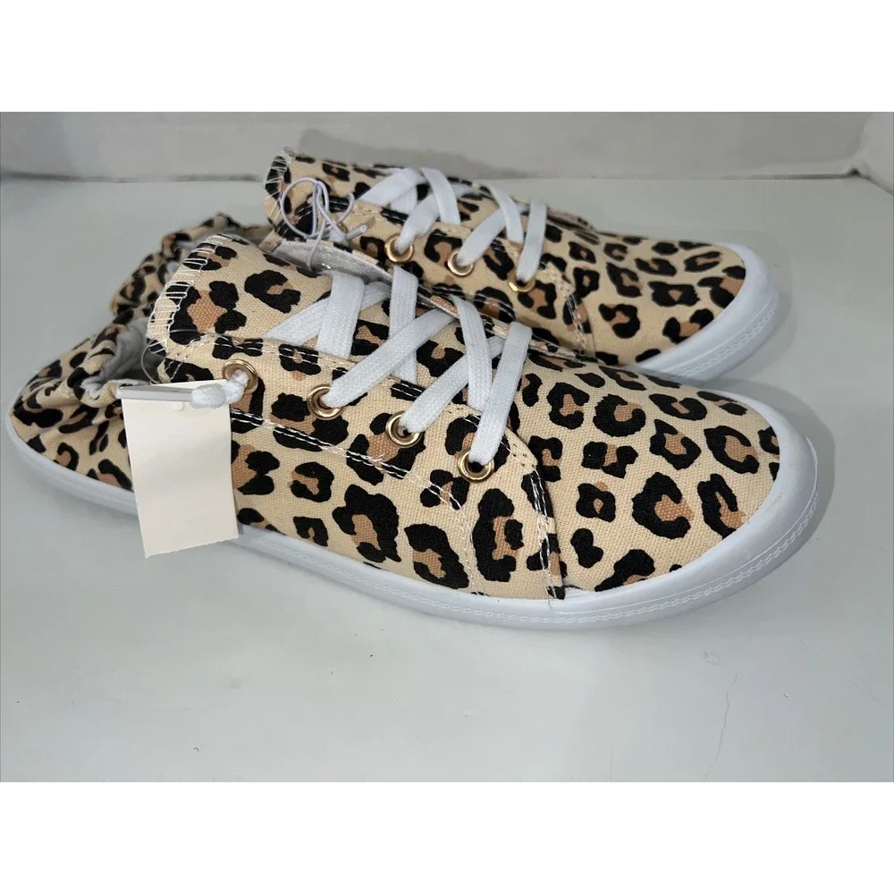 Leopard Women‎ Lace Up Canvas Shoes Low Top Slip On Sneakers Walking Flats Shoes